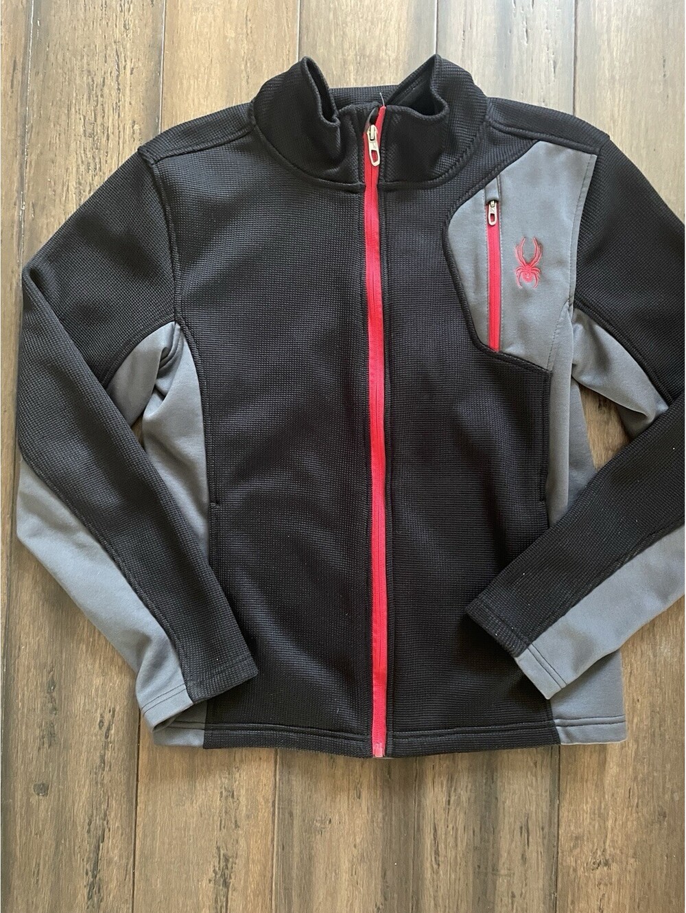 Spyder Waffle Knit Thermal Jacket Full Zip Black Red Gray Color Block Small